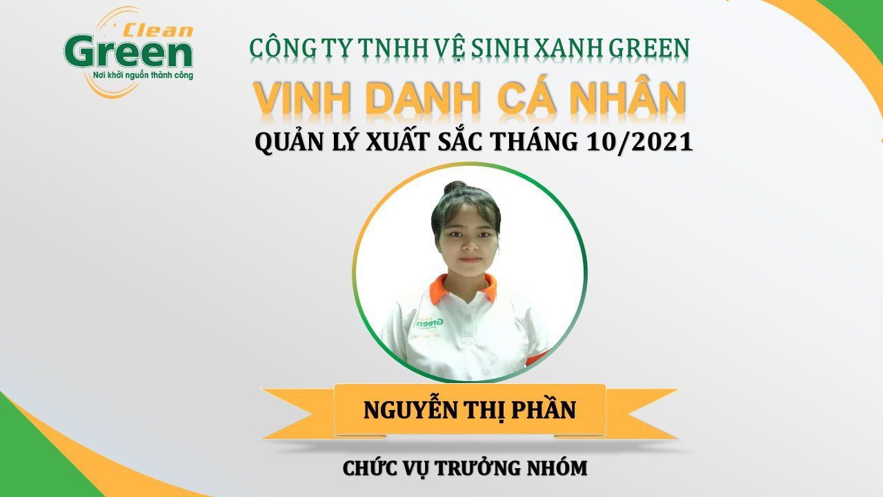 Read more about the article Vinh danh nhân viên xuất sắc tháng 10/2021 – Green Clean